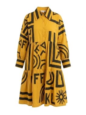 Mustard Yellow Strapless Tiered Dress with Black Graphic Detail
